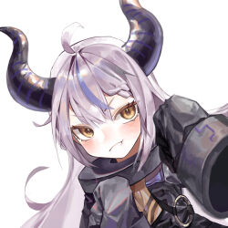 Rule 34 | 1girl, absurdres, ahoge, ascot, black horns, braid, braided bangs, cocoballking, collar, grey hair, highres, hololive, horns, la+ darknesss, la+ darknesss (1st costume), long hair, metal collar, multicolored hair, pointy ears, pout, purple hair, sleeves past fingers, sleeves past wrists, streaked hair, striped horns, virtual youtuber, yellow ascot, yellow eyes