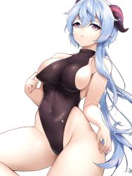 Rule 34 | 1girl, absurdres, bad id, bad twitter id, bare hips, bare legs, bare shoulders, blue hair, breasts, cameltoe, covered collarbone, covered navel, cowboy shot, ganyu (genshin impact), genshin impact, hair between eyes, hair over shoulder, heattech leotard, highleg, highleg leotard, highres, horns, impossible clothes, large breasts, leotard, leotard pull, long hair, looking at viewer, parted lips, ponytail, purple eyes, sideboob, simple background, solo, thick thighs, thighs, very long hair, white background, wide hips, yaomeii