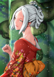 Rule 34 | 1girl, character request, delta zone, female focus, japanese clothes, kimono, long hair, orange eyes, snake, solo, traditional clothes, white hair