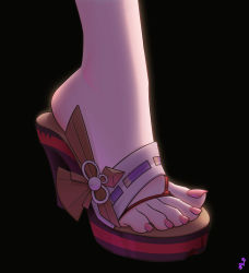 Rule 34 | 1girl, absurdres, arched soles, artist logo, black background, brown footwear, close-up, commentary, english commentary, feet, feet only, foot focus, genshin impact, greek toe, high heels, highres, mohoshadream, nail polish, out of frame, pink nails, sandals, shadow, solo, toenail polish, toenails, toes, yae miko