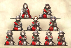 Rule 34 | 6+girls, armor, belt, braid, brown hair, cape, chunky sister (ironlily), flora sister (ironlily), front braid sister (ironlily), front twin braids sister (ironlily), gambeson, gloves, habit, helmet, highres, human pyramid, ironlily, kettle helm, lady lucerne (ironlily), long hair, medieval, mid neutral sister (ironlily), multiple girls, ordo mediare sisters (ironlily), own hands clasped, own hands together, sheath, short hair sister (ironlily), single braid sister (ironlily), sister-at-arms (ironlily), stacking, sword, twin braids sister (ironlily), unworn headwear, unworn helmet, weapon