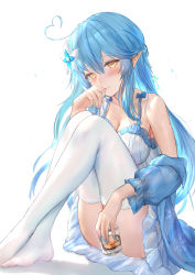 Rule 34 | 1girl, ahoge, ass, bare shoulders, blue flower, blue hair, blue jacket, blue nails, braid, breasts, brown eyes, cleavage, closed mouth, collarbone, commentary request, convenient censoring, crossed legs, cup, dress, drinking glass, eyebrows hidden by hair, flower, hair between eyes, hair flower, hair ornament, half updo, hand to own mouth, hand up, heart, heart ahoge, himonoata, holding, holding cup, hololive, jacket, long hair, long sleeves, looking at viewer, medium breasts, nail polish, no shoes, off shoulder, open clothes, open jacket, pointy ears, puffy long sleeves, puffy sleeves, sleeveless, sleeveless dress, smile, solo, thighhighs, very long hair, virtual youtuber, white background, white dress, white flower, white thighhighs, yukihana lamy