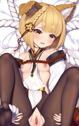 Rule 34 | 1girl, animal ears, between breasts, black pantyhose, blonde hair, blush, braid, breasts, brora, brown eyes, dog ears, erune, feet, granblue fantasy, lying, nipples, no shoes, on back, open mouth, pantyhose, pussy, rope, shimenawa, small breasts, solo, spread legs, torn clothes, torn pantyhose, uncensored, vajra (granblue fantasy)