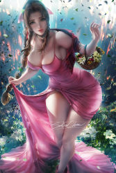 Rule 34 | 1girl, aerith gainsborough, aqua eyes, artist name, basket, bracelet, braid, breasts, brown hair, buttons, cleavage, clothes lift, collarbone, dress, dress lift, final fantasy, final fantasy vii, flower, hair ribbon, hand up, holding, jacket, jewelry, large breasts, legs, light particles, lips, long hair, looking at viewer, necklace, parted bangs, parted lips, patreon username, petals, pink dress, pink ribbon, red jacket, ribbon, sakimichan, short sleeves, sideboob, signature, smile, solo, standing, watermark, web address