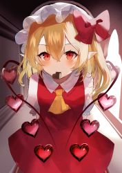 Rule 34 | 1girl, arms behind back, ascot, blonde hair, blush, bow, candy, chocolate, chocolate heart, dress, closed eyes, flandre scarlet, food, hair between eyes, hat, heart, looking at viewer, mob cap, mouth hold, pointy ears, red bow, red dress, red eyes, sakizaki saki-p, short hair, short sleeves, side ponytail, solo, touhou, valentine, wings, yellow ascot