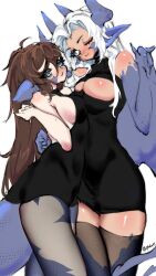 Rule 34 | 2girls, animal ears, bare arms, bare shoulders, black dress, black thighhighs, blue eyes, breasts, brown hair, cleavage, closed mouth, clothing cutout, collarbone, colored sclera, curly hair, dark-skinned female, dark skin, demon tail, dragon, dragon girl, dress, embarrassed, eyelashes, floppy ears, hair between eyes, hand up, highres, horns, hug, large breasts, lizard, lizard tail, long hair, looking at another, medium breasts, mirra, monster girl, multiple girls, neck, open clothes, open mouth, original, pale skin, pfufu, pointy ears, reptile girl, scales, see-through, see-through dress, sideboob, simple background, skye, sleeveless, sleeveless dress, smile, standing, tail, thighhighs, twitter username, very long hair, white background, winged arms, wings, wyvern