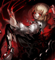 Rule 34 | 1girl, black dress, blonde hair, blood, blood on clothes, blood on hands, darkness, dress, fang, hair ribbon, highres, long sleeves, looking at viewer, open mouth, outstretched arms, red eyes, red footwear, ribbon, rumia, shirt, shoes, smile, solo, spark621, thighhighs, torn clothes, torn shirt, torn sleeves, torn thighhighs, touhou