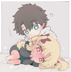 Rule 34 | 1boy, 1girl, :&lt;, azumi (myameco), blonde hair, blue eyes, brown hair, chibi, closed mouth, commentary request, ear cleaning, ereshkigal (fate), fate/grand order, fate (series), fujimaru ritsuka (male), grey background, hair ribbon, heart, hetero, long hair, lying, mimikaki, on side, red eyes, red ribbon, ribbon, short hair, simple background, smile, sparkling eyes, two side up