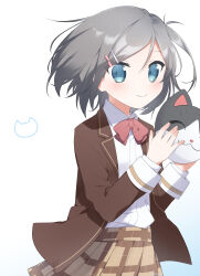 Rule 34 | 1girl, absurdres, black hair, blue eyes, blush, bow, brown jacket, brown skirt, cat mask, cat symbol, collared shirt, commentary request, hair ornament, hairclip, hands up, hentai ouji to warawanai neko., highres, holding, holding mask, jacket, long sleeves, looking at viewer, mari (rodoney-kiara), mask, medium hair, pleated skirt, red bow, shirt, shirt tucked in, simple background, skirt, smile, solo, tsutsukakushi tsukiko, white background, white shirt, wind