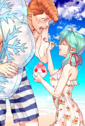 Rule 34 | 1boy, 1girl, :d, beach, blue hair, blue sky, blush, brown hair, closed eyes, cloud, collarbone, couple, dress, floral print, food, from side, hair ribbon, height difference, holding, holding spoon, imuro, innertube, kuwabara kazuma, lens flare, long hair, looking at another, ocean, one-piece swimsuit, open mouth, print dress, profile, red ribbon, ribbon, shaved ice, sky, sleeveless, sleeveless dress, smile, spoon, striped clothes, striped one-piece swimsuit, sundress, swim ring, swimsuit, transparent, twitter username, white dress, yukina (yu yu hakusho), yuu yuu hakusho