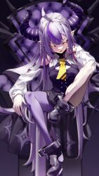 Rule 34 | 1girl, ahoge, ankle cuffs, bare shoulders, black horns, bmwved, braid, braided bangs, detached sleeves, grey hair, hand on own face, highres, hololive, horns, la+ darknesss, la+ darknesss (1st costume), long hair, multicolored hair, pointy ears, purple hair, purple thighhighs, single thighhigh, streaked hair, striped horns, thighhighs, virtual youtuber, yellow eyes