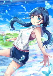 Rule 34 | 1girl, amano hina (tenki no ko), bare arms, bare shoulders, blue eyes, blue hair, blue shorts, blue sky, blurry, blurry background, blush, breasts, cloud, commentary request, day, depth of field, hood, hood down, hooded jacket, jacket, long hair, looking at viewer, low twintails, minato yu, outdoors, parted lips, short shorts, shorts, sky, sleeveless, sleeveless jacket, small breasts, solo, tenki no ko, twintails, very long hair, water drop, white jacket, zipper pull tab