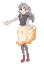 Rule 34 | 1girl, :d, ankle boots, black vest, blush, boots, brown pantyhose, cue!, fang, full body, grey hair, hat, highres, kujo yuzuha, long hair, long sleeves, looking at viewer, open mouth, pantyhose, red footwear, sailor hat, simple background, sincos, skirt, skirt hold, smile, solo, standing, vest, white background, white hat, yellow eyes, yellow skirt