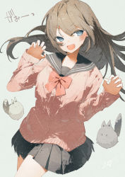 Rule 34 | 1girl, black sailor collar, black skirt, blue eyes, blush, bow, bowtie, brown hair, cardigan, cat, claw pose, commentary, cowboy shot, fang, grey background, highres, long hair, long sleeves, looking at viewer, open mouth, original, pink cardigan, pleated skirt, potg (piotegu), red bow, red bowtie, sailor collar, school uniform, serafuku, signature, simple background, skin fang, skirt, solo, translated, v-shaped eyebrows