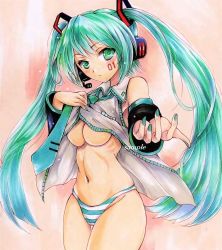 Rule 34 | 1girl, absurdres, alternate eye color, aqua hair, aqua nails, bare shoulders, breasts, cameltoe, closed mouth, come hither, commentary, cowboy shot, detached sleeves, green hair, hair ornament, hatsune miku, headset, highres, izumontan, large breasts, lifting own clothes, long hair, looking at viewer, loose necktie, marker (medium), multicolored hair, nail polish, navel, necktie, no bra, number tattoo, outstretched hand, panties, ribs, sample watermark, seductive smile, simple background, smile, solo, striped clothes, striped panties, tattoo, teasing, thigh gap, thighs, traditional media, two-tone hair, underboob, underwear, vocaloid, watermark