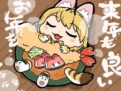 Rule 34 | 1girl, :3, ^ ^, animal ear fluff, animal ears, blonde hair, blush, blush stickers, bow, bowl, bowtie, chibi, closed eyes, commentary request, extra ears, facing viewer, food, gloves, in bowl, in container, in food, kemono friends, kuro shiro (kuro96siro46), lucky beast (kemono friends), lying, on back, open mouth, partially submerged, print bow, print bowtie, print gloves, print skirt, serval (kemono friends), serval print, short hair, shrimp, shrimp tempura, skirt, sleeping, smile, solo, table, tail, tempura, translation request, wooden table