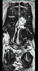 Rule 34 | 1boy, 411 (g411p), bathtub, blood, blood on face, closed mouth, formal, frown, full body, greyscale, highres, higuruma hiromi, jacket, jujutsu kaisen, looking at viewer, male focus, monochrome, necktie, pants, scales, short hair, sitting, solo, suit, twitter username