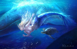 Rule 34 | 1girl, absurdres, air bubble, artist name, blonde hair, blue eyes, blue theme, bracelet, breasts, bubble, caustics, clenched hand, completely nude, diving, eyeshadow, fins, fish, floating hair, gills, head fins, highres, jewelry, lips, lipstick, long hair, looking at viewer, makeup, mascara, medium breasts, mermaid, monster girl, necklace, nipples, nude, nudist, original, outstretched arm, parted lips, pink lips, realistic, scales, skinny dipping, solo, sunlight, swimming, taekwon kim, tiara, topfreedom, turtle, underwater, watermark, web address, whale