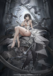 Rule 34 | 1girl, animal, armillary sphere, bare shoulders, barefoot, bird, black bow, black dress, black eyes, bow, constellation, cross, d. (ddot2018), dress, earrings, eyepatch, feathers, flock, flower, gears, hair between eyes, hand up, highres, hoop earrings, indoors, iron saga, jewelry, long hair, looking at viewer, official art, one eye covered, revealing clothes, ribbon, see-through, sitting, sleeveless, sleeveless dress, solo, thigh strap, very long hair, white bow, white dress, white flower, white ribbon