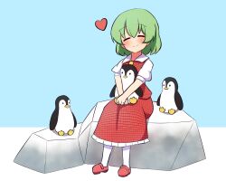 Rule 34 | 1girl, animal, bird, blue sky, closed eyes, closed mouth, commission, facing viewer, ferdy&#039;s lab, full body, green hair, heart, highres, holding, holding animal, kazami yuuka, outdoors, penguin, plaid, plaid skirt, plaid vest, red footwear, red skirt, red vest, rock, shirt, short hair, short sleeves, sitting, skirt, sky, touhou, vest, white shirt