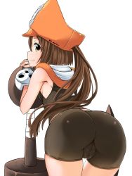 Rule 34 | 1girl, anchor, ass, bent over, bike shorts, black shorts, blush, breasts, brown eyes, brown hair, fingerless gloves, from behind, gloves, guilty gear, hat, highres, huge weapon, long hair, looking at viewer, looking back, may (guilty gear), orange hat, orange shirt, pirate, pirate hat, poncocchan, shiny skin, shirt, shorts, skin tight, skull and crossbones, sleeveless, small breasts, smile, solo, standing, weapon