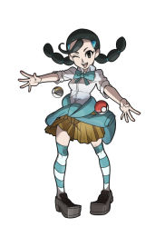 Rule 34 | 00s, 1girl, black hair, candice (pokemon), clothes around waist, creatures (company), full body, game freak, gym leader, hair ornament, hairclip, loafers, multi-tied hair, nintendo, one eye closed, pleated skirt, poke ball, pokemon, pokemon dppt, ribbon, shoes, simple background, skirt, sleeves rolled up, smile, socks, solo, standing, striped clothes, striped socks, striped thighhighs, sweater, sweater around waist, thighhighs, ultra ball, white background, wink