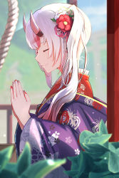 Rule 34 | 1girl, absurdres, closed eyes, closed mouth, commentary request, floral print, flower, from side, hair flower, hair ornament, haori, highres, hilamaru, hololive, horns, japanese clothes, kimono, long hair, long sleeves, multicolored hair, nail art, nail polish, nakiri ayame, nakiri ayame (new year), own hands together, plant, praying, print kimono, profile, red flower, red hair, red legwear, rope, silver hair, skin-covered horns, solo, streaked hair, twintails, virtual youtuber