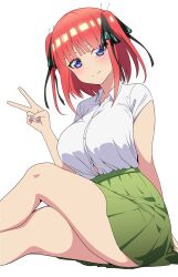 Rule 34 | 1girl, blue eyes, blunt bangs, breasts, butterfly hair ornament, closed mouth, collared shirt, coro fae, eyebrows hidden by hair, feet out of frame, fingernails, go-toubun no hanayome, green skirt, hair ornament, hand up, highres, knee up, large breasts, light blush, looking at viewer, nail polish, nakano nino, paid reward available, pink hair, pleated skirt, purple nails, school uniform, shirt, shirt tucked in, short hair, short sleeves, simple background, sitting, skirt, smile, solo, thighs, v, white shirt