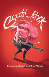 Rule 34 | 1girl, bocchi the rock!, copyright name, cube hair ornament, electric guitar, english text, gotoh hitori, guitar, hair ornament, highres, instrument, jacket, kneehighs, loafers, music, parody, pink hair, playing instrument, pleated skirt, red background, scott pilgrim (series), scott pilgrim vs the world (movie), shoes, skirt, socks, track jacket, white mochi