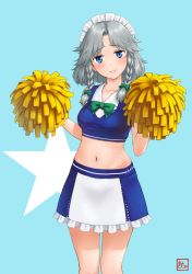 Rule 34 | 1girl, adapted costume, bare shoulders, blue eyes, blush, bow, braid, breasts, cheerleader, commentary request, crop top, green bow, hair bow, izayoi sakuya, kitano (kitanosnowwhite), looking at viewer, maid headdress, medium breasts, midriff, miniskirt, navel, parted lips, pom pom (cheerleading), shirt, silver hair, skirt, smile, solo, taut clothes, taut shirt, touhou, twin braids