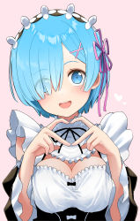 Rule 34 | 1girl, :d, absurdres, black dress, black ribbon, blue eyes, blue hair, blush, breasts, cleavage, commentary request, detached sleeves, dress, eyes visible through hair, flower knot, hair ornament, hair over one eye, hands up, head tilt, heart, heart hands, highres, large breasts, looking at viewer, maid, maid headdress, mameroku, neck ribbon, open mouth, pink background, pink ribbon, re:zero kara hajimeru isekai seikatsu, rem (re:zero), ribbon, ribbon-trimmed dress, roswaal mansion maid uniform, short hair, simple background, smile, solo, straight-on, upper body, x hair ornament