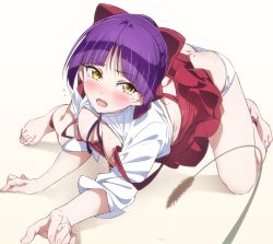 Rule 34 | 1girl, all fours, ass, barefoot, blunt bangs, blush, bow, breasts, butt crack, cat teaser, cleavage, commentary request, covered erect nipples, dimples of venus, dress, drooling, feet, gegege no kitarou, hair bow, highres, long sleeves, looking at viewer, medium breasts, nekomusume, nekomusume (gegege no kitarou 6), niko (tama), open clothes, open mouth, open shirt, panties, pointy ears, purple hair, red bow, red dress, saliva, saliva trail, shirt, short hair, sleeves rolled up, smile, solo, sweat, tears, toes, underwear, white panties, white shirt, yellow eyes