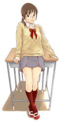 Rule 34 | 1girl, desk, glasses, kneehighs, mokyu tasuku, mokyusuke, original, red socks, round eyewear, school uniform, serafuku, socks, solo, sweater, white background