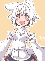 Rule 34 | 1girl, :d, animal ears, bare shoulders, black skirt, detached sleeves, highres, inubashiri momiji, kuro-ekaki, looking at viewer, open mouth, outline, red eyes, shirt, short hair, simple background, skirt, smile, solo, tail, touhou, white hair, white outline, white shirt, white sleeves, wolf ears, wolf girl, wolf tail, yellow background