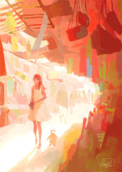 Rule 34 | 1girl, bag, bird, commentary request, crowd, dress, expressionless, full body, handbag, highres, long hair, looking at viewer, market stall, original, outdoors, penguin, red hair, red theme, scenery, signature, spaghetti strap, tabi (tabisumika), tagme, white dress