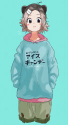 Rule 34 | 1girl, absurdres, animal ears, appleq, beaver ears, blue background, blue hoodie, brown eyes, brown hair, brown shorts, closed mouth, clothes writing, commentary request, eurasian beaver (kemono friends), forehead, hair ornament, hairclip, hands in pockets, highres, hood, hood down, hoodie, kemono friends, long neck, looking at viewer, shorts, simple background, smile, solo, translation request