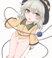 Rule 34 | 1girl, black hat, blood, bloody knife, bottomless, bright pupils, censored, commentary, expressionless, frilled shirt collar, frilled sleeves, frills, green eyes, hair between eyes, hat, highres, holding, holding knife, knife, komeiji koishi, light green hair, long hair, long sleeves, looking at viewer, miyo (ranthath), mosaic censoring, open mouth, pussy, shirt, simple background, solo, third eye, touhou, white background, white pupils, wide sleeves, yellow shirt