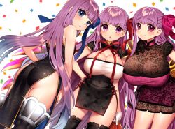 Rule 34 | 10s, 3girls, ass, bb (fate), bb (fate/extra), black legwear, blue eyes, blush, breasts, china dress, chinese clothes, cleavage, dress, fate/extra, fate/extra ccc, fate (series), folding fan, gloves, hair ribbon, hand fan, hand on own hip, huge breasts, lace, lace-trimmed legwear, lace trim, large breasts, leaning forward, long hair, looking back, meltryllis (fate), multiple girls, neck ribbon, open mouth, passionlip (fate), pink eyes, pink ribbon, purple eyes, purple hair, purple ribbon, red ribbon, ribbon, sakura yuki (clochette), smile, thighhighs, very long hair, white gloves