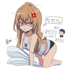 Rule 34 | 1boy, 1girl, aisaka taiga, all fours, anger vein, bags under eyes, bare shoulders, black panties, blue hair, blue tank top, brown eyes, brown hair, commentary, english commentary, english text, feet out of frame, foxxarius, highres, inset, long hair, looking to the side, messy hair, panties, parted lips, pillow, profanity, simple background, speech bubble, takasu ryuuji, tank top, toradora!, underwear, white background