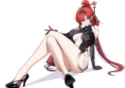 Rule 34 | 1girl, ateoyh, black footwear, blush, breasts, cleavage, full body, gloves, hair between eyes, hair ornament, high heels, highres, large breasts, long hair, looking at viewer, mole, mole under eye, red hair, shoes, simple background, sitting, smile, solo, very long hair, white background, wuthering waves, yinlin (wuthering waves)