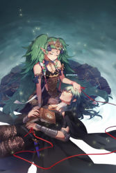 Rule 34 | 2girls, arm guards, artist name, book, braid, byleth (female) (fire emblem), byleth (fire emblem), cloak, closed eyes, dagger, dress, finni chang, fire emblem, fire emblem: three houses, green hair, highres, kneeling, knife, lap pillow, pantyhose under shorts, long hair, lying, medium hair, multiple girls, nintendo, on back, pantyhose, parted lips, pointy ears, short shorts, shorts, side braid, sleeping, smile, sothis (fire emblem), string, string of fate, tiara, twintails, twitter username, very long hair, weapon, wristband, yuri