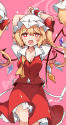 Rule 34 | 3girls, arms up, blonde hair, flandre scarlet, hat, heart, heart in eye, highres, kirero, mob cap, multicolored wings, multiple girls, one side up, open mouth, red eyes, red skirt, skirt, solo focus, symbol in eye, touhou, white headwear, wings