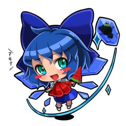 Rule 34 | 1girl, ahoge, aqua eyes, ascot, atyuto, bad id, bad pixiv id, blue dress, blue hair, blush stickers, bow, cirno, dress, food, frog, frozen, frozen frog, full body, hair bow, ice cream, open mouth, popsicle, smile, solo, touhou, transparent background, wings
