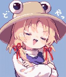 1girl :d ahiru_tokotoko blonde_hair blue_background blush brown_hat commentary crossed_arms hat highres long_sleeves looking_at_viewer moriya_suwako open_mouth pixel_art short_hair sidelocks simple_background smile solo symbol-only_commentary touhou triangle_mouth upper_body v-shaped_eyebrows