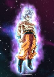 Rule 34 | 1boy, abs, absurdres, artist name, aura, battle damage, blue sash, boots, collarbone, dragon ball, dragon ball super, floating, frown, full body, highres, horang4628, looking at viewer, male focus, muscular, muscular male, nebula, orange pants, pants, pectorals, sash, serious, solo, son goku, space, spiked hair, star (sky), topless male, torn clothes, torn pants, twitter username, ultra instinct, veins, white eyes, white hair, wristband