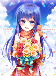 Rule 34 | 1girl, anniversary, blue eyes, blue hair, blue sky, bouquet, caeda (fire emblem), cloud, copyright name, day, female focus, fire emblem, fire emblem: mystery of the emblem, fire emblem heroes, flower, highres, holding, holding bouquet, if oki, long hair, matching hair/eyes, nintendo, open mouth, petals, sky, sleeveless, smile, solo, aged down