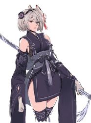 Rule 34 | 1girl, back bow, black legwear, bow, cropped legs, detached sleeves, flower, gloves, grey hair, hair flower, hair ornament, hairband, highres, japanese clothes, kimono, kivavis, looking at viewer, mask, mask on head, nier (series), nier:automata, obi, official alternate costume, sash, short kimono, side slit, simple background, solo, sword, thighs, virtuous contract, weapon, white gloves, 2b (nier:automata)