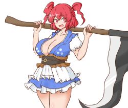 Rule 34 | 1girl, :d, blue dress, breasts, cleavage, coin, commentary, dress, hair bobbles, hair ornament, holding, holding scythe, huge breasts, looking at viewer, mizusoba, obi, onozuka komachi, open mouth, red eyes, red hair, sash, scythe, short hair, simple background, smile, solo, standing, touhou, two side up, white background