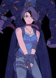 Rule 34 | 1girl, bandages, bare shoulders, belt pouch, blue eyes, breasts, brown hair, buttons, clenched hand, denim, fingerless gloves, gloves, gun, handgun, highres, holding, holding gun, holding weapon, jeans, jewelry, jill valentine, knees out of frame, medium breasts, monster, necklace, nemesis (resident evil), o o, pants, pouch, resident evil, resident evil 3, resident evil 3: nemesis, resident evil 3 (remake), rokkoron, scared, sweatdrop, tentacle around neck, tentacles, walkie-talkie, weapon, zombie