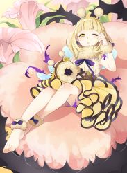 Rule 34 | 1girl, antennae, bad id, bad pixiv id, barefoot, bee, blonde hair, blush, bow, braid, briar rose (sinoalice), bug, doll, flower, fur collar, fur trim, hairband, highres, insect, one eye closed, open mouth, pink flower, short hair, sinoalice, solo, thorns, tired, wings, yellow eyes, yuna726